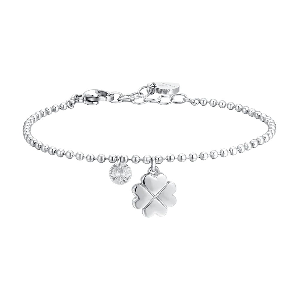 Bracciale Luca Barra Acciaio Maglia Pallini Charms Quadrifoglio e Zircone