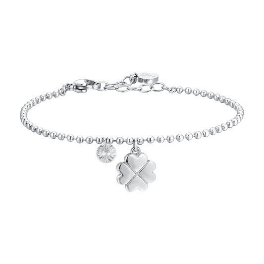Bracciale Luca Barra Acciaio Maglia Pallini Charms Quadrifoglio e Zircone