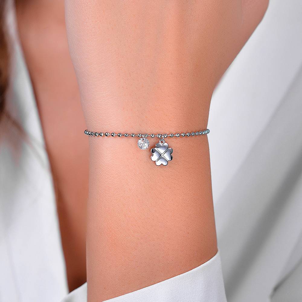 Bracciale Luca Barra Acciaio Maglia Pallini Charms Quadrifoglio e Zircone