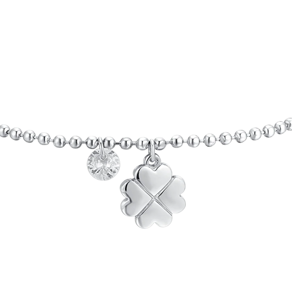 Bracciale Luca Barra Acciaio Maglia Pallini Charms Quadrifoglio e Zircone