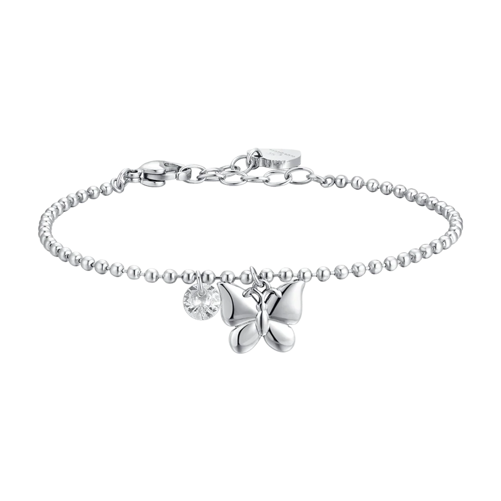 Bracciale Luca Barra Acciaio Maglia Pallini Charms Farfalla e Zircone
