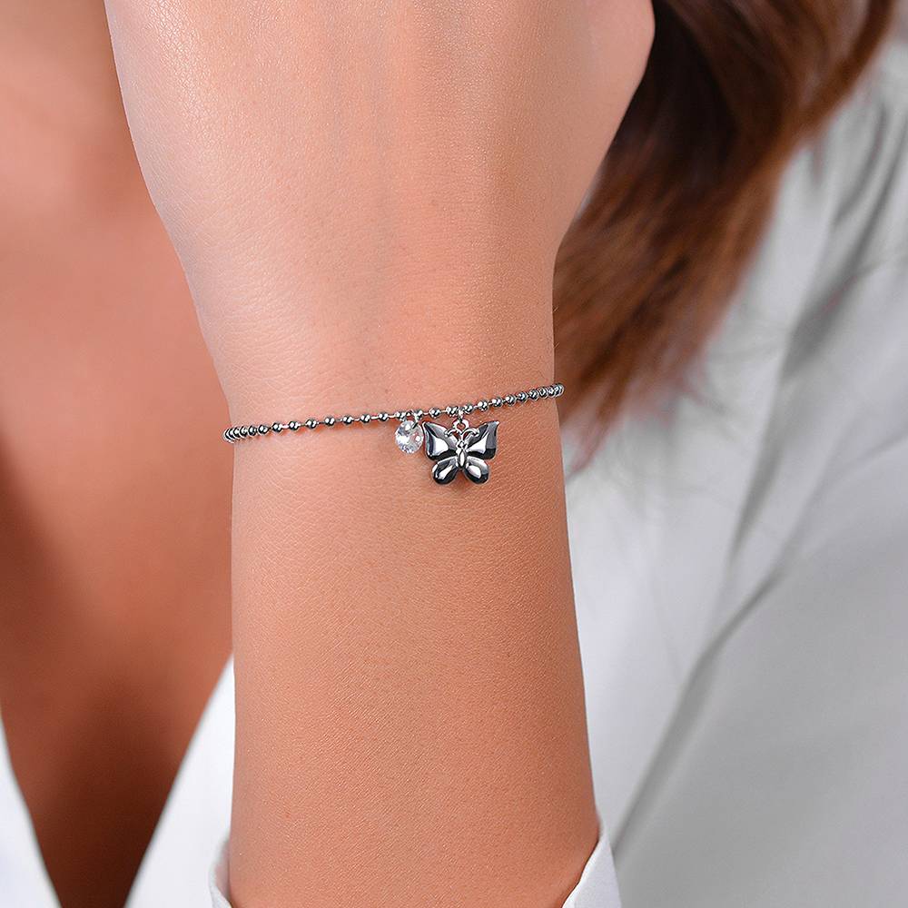 Bracciale Luca Barra Acciaio Maglia Pallini Charms Farfalla e Zircone