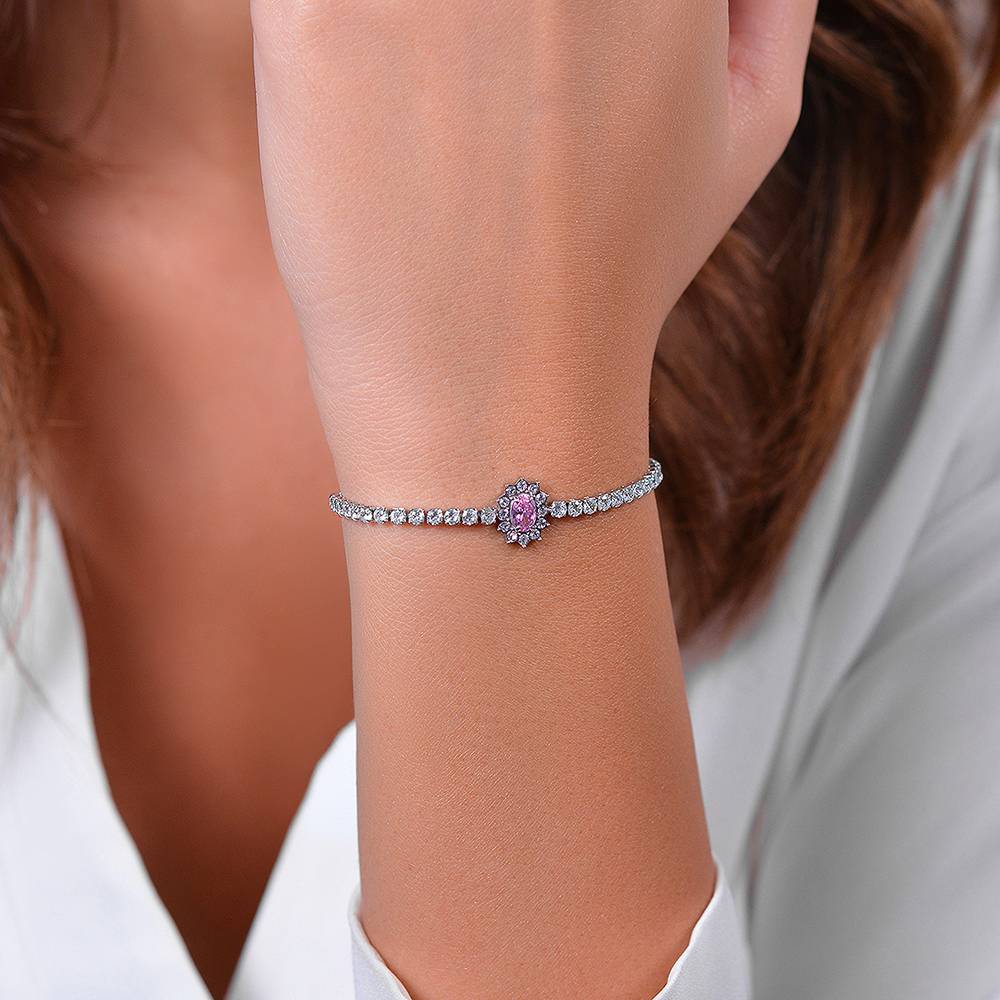 Bracciale Tennis Luca Barra Acciaio Centrale Rosetta Zircone Rosa Contornato