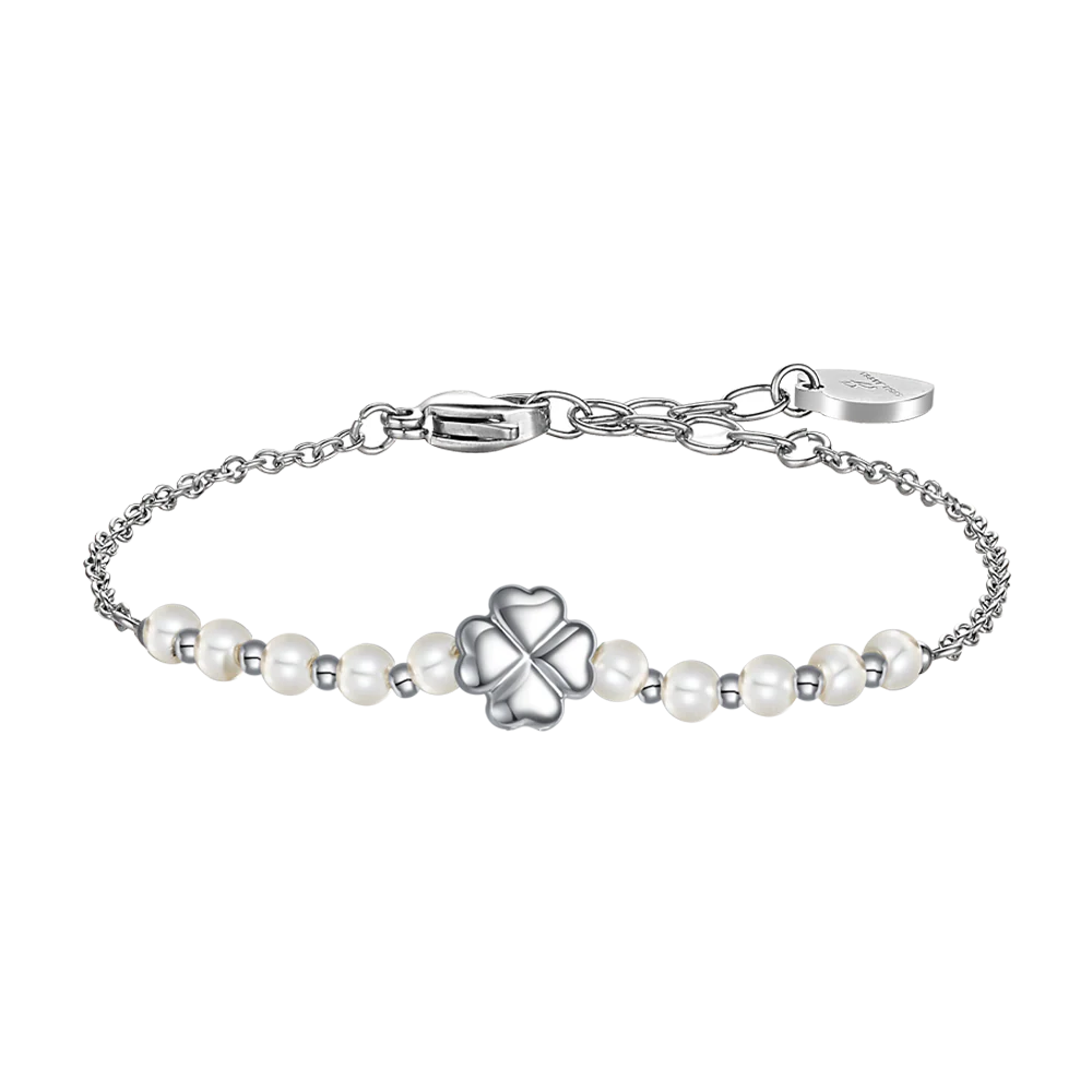 Bracciale Luca Barra Acciaio Quadrifoglio Con Perle E Sfere Alternate