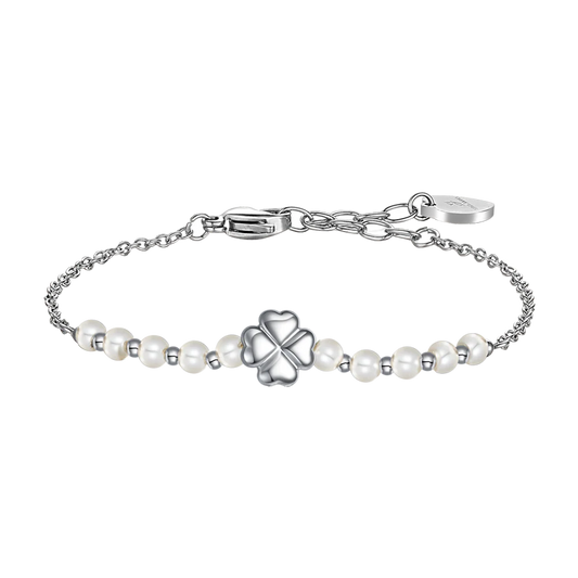 Bracciale Luca Barra Acciaio Quadrifoglio Con Perle E Sfere Alternate