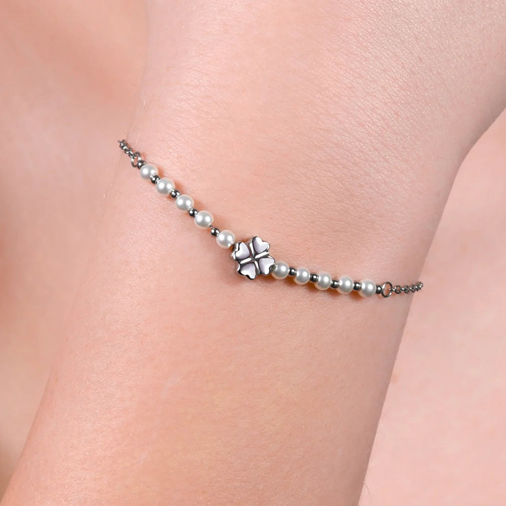 Bracciale Luca Barra Acciaio Quadrifoglio Con Perle E Sfere Alternate