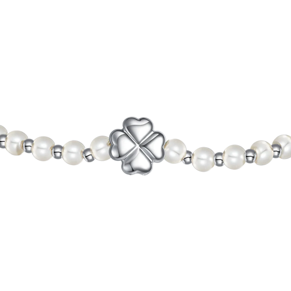 Bracciale Luca Barra Acciaio Quadrifoglio Con Perle E Sfere Alternate
