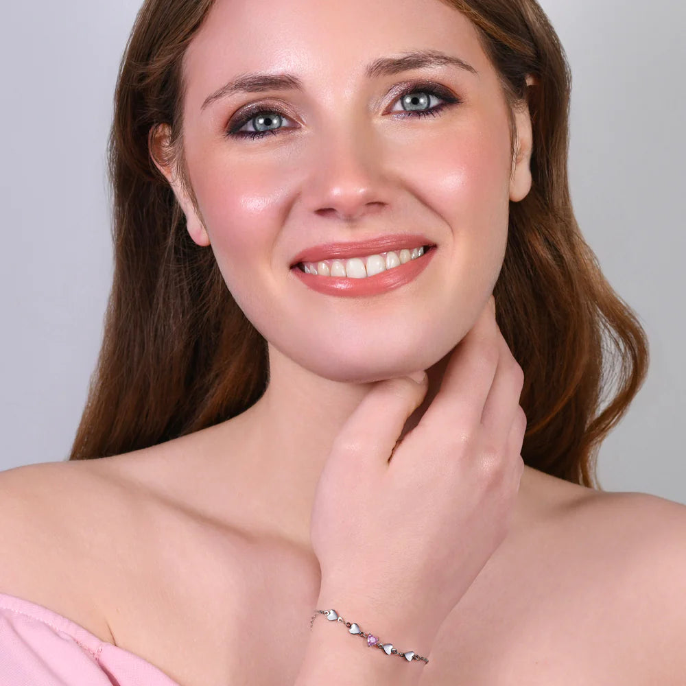 Bracciale Luca Barra Acciao Centrale Con Cuori Rosa