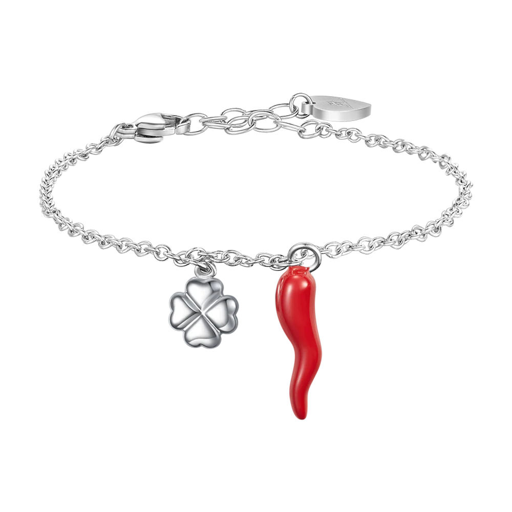 Bracciale Luca Barra Acciaio Charms Corno Smalto Rosso Quadrifoglio
