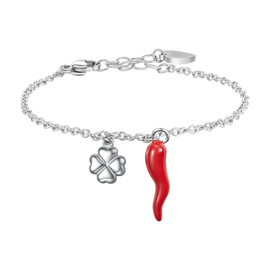 Bracciale Luca Barra Acciaio Charms Corno Smalto Rosso Quadrifoglio