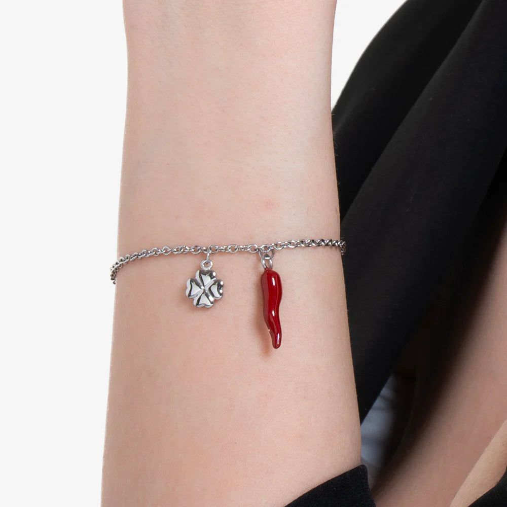 Bracciale Luca Barra Acciaio Charms Corno Smalto Rosso Quadrifoglio