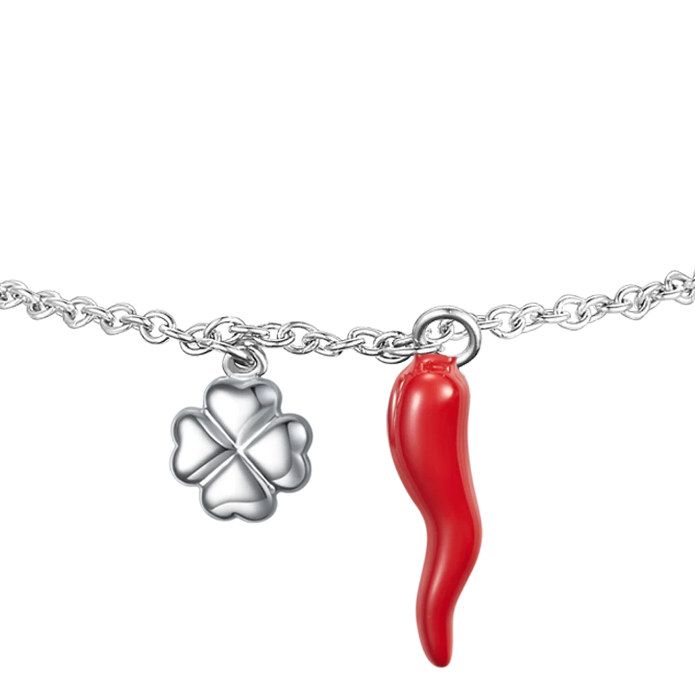 Bracciale Luca Barra Acciaio Charms Corno Smalto Rosso Quadrifoglio