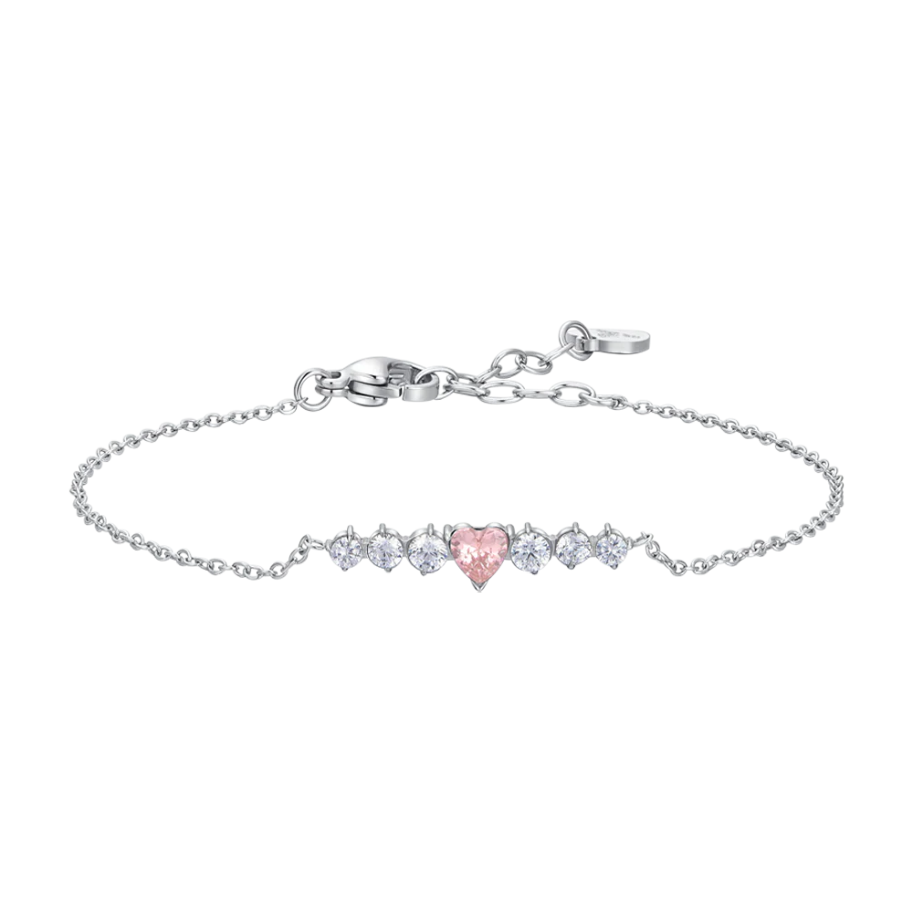 Bracciale Luca Barra Acciaio Centrale Rigido Cristallo Taglio Cuore Rosa