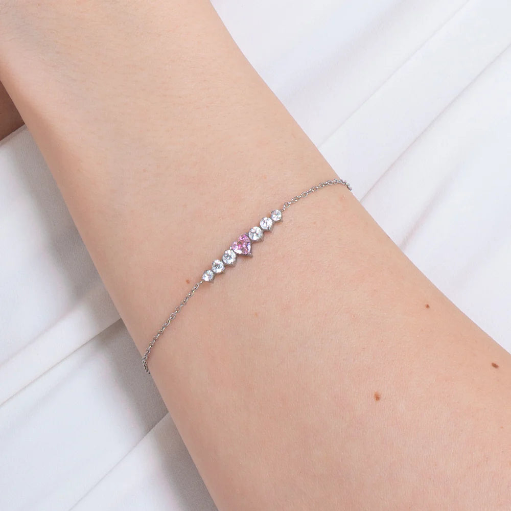 Bracciale Luca Barra Acciaio Centrale Rigido Cristallo Taglio Cuore Rosa