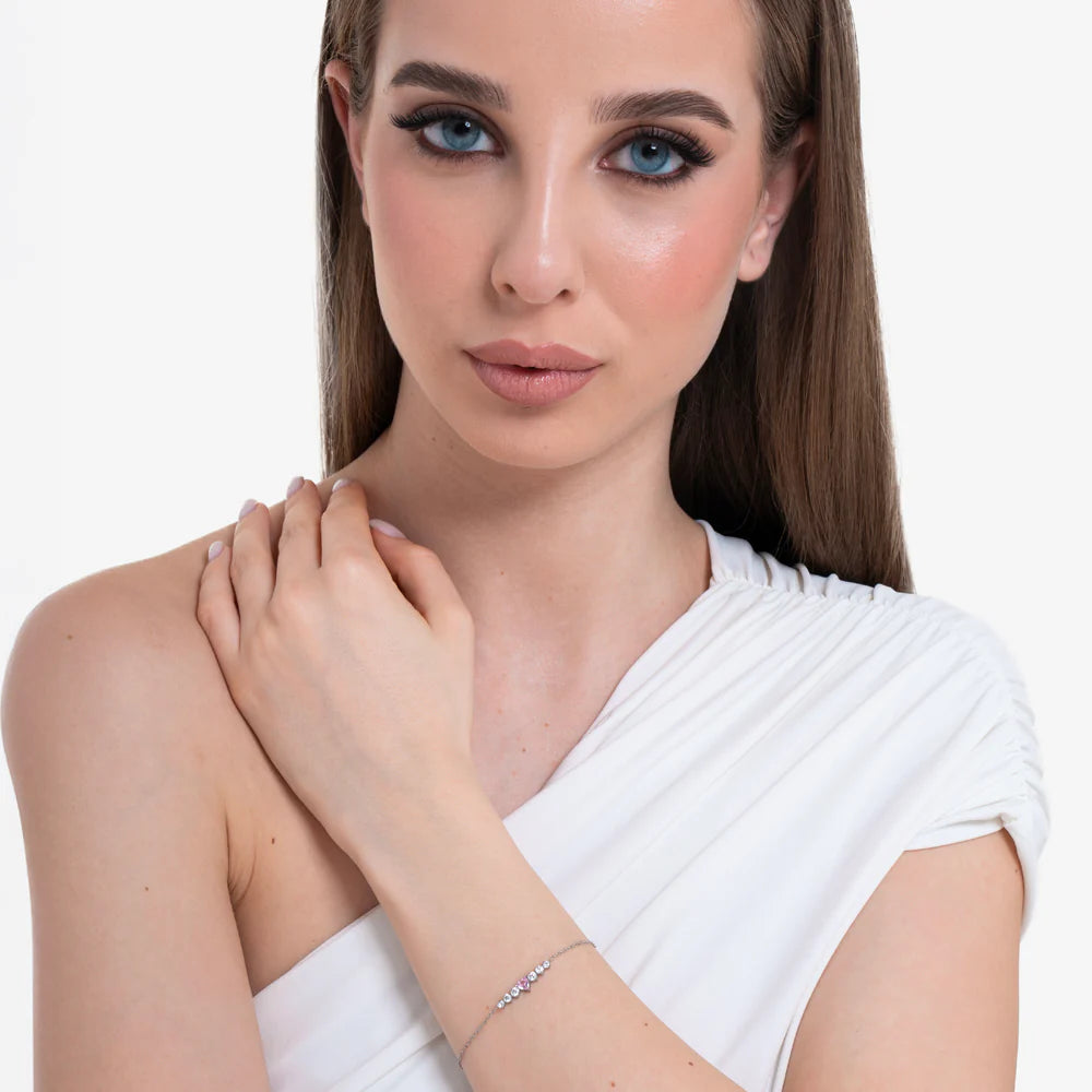 Bracciale Luca Barra Acciaio Centrale Rigido Cristallo Taglio Cuore Rosa