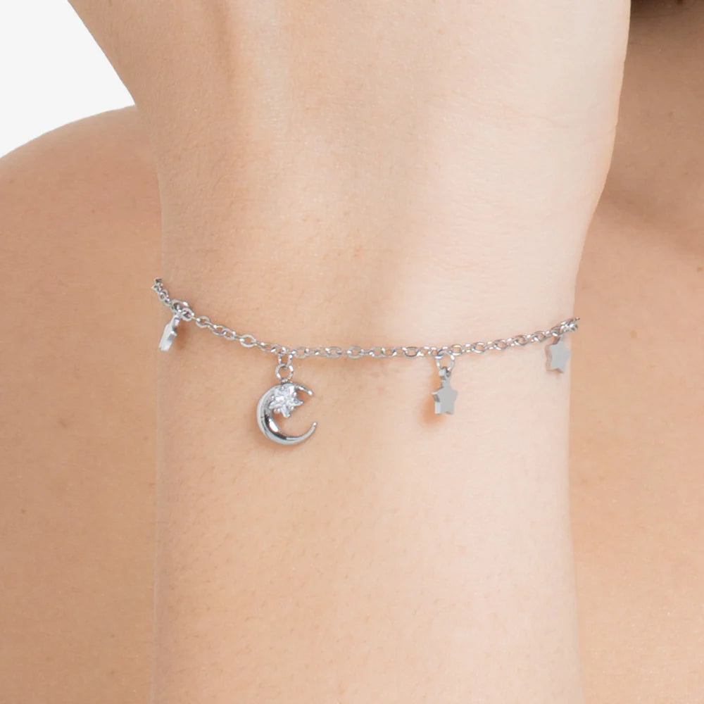 Bracciale Luca Barra Acciaio Luna Con Cubic Zirconia Bianco e Stelle