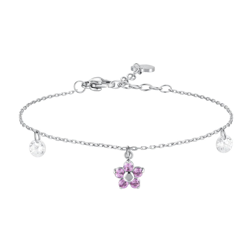 Bracciale Luca Barra Acciaio Charm Fiore Rosa Cristalli