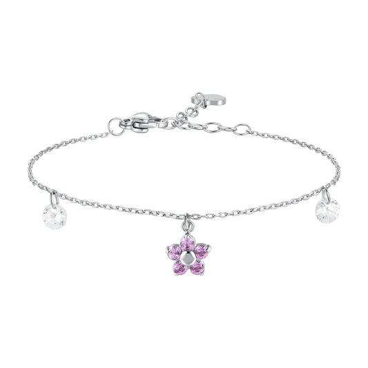 Bracciale Luca Barra Acciaio Charm Fiore Rosa Cristalli