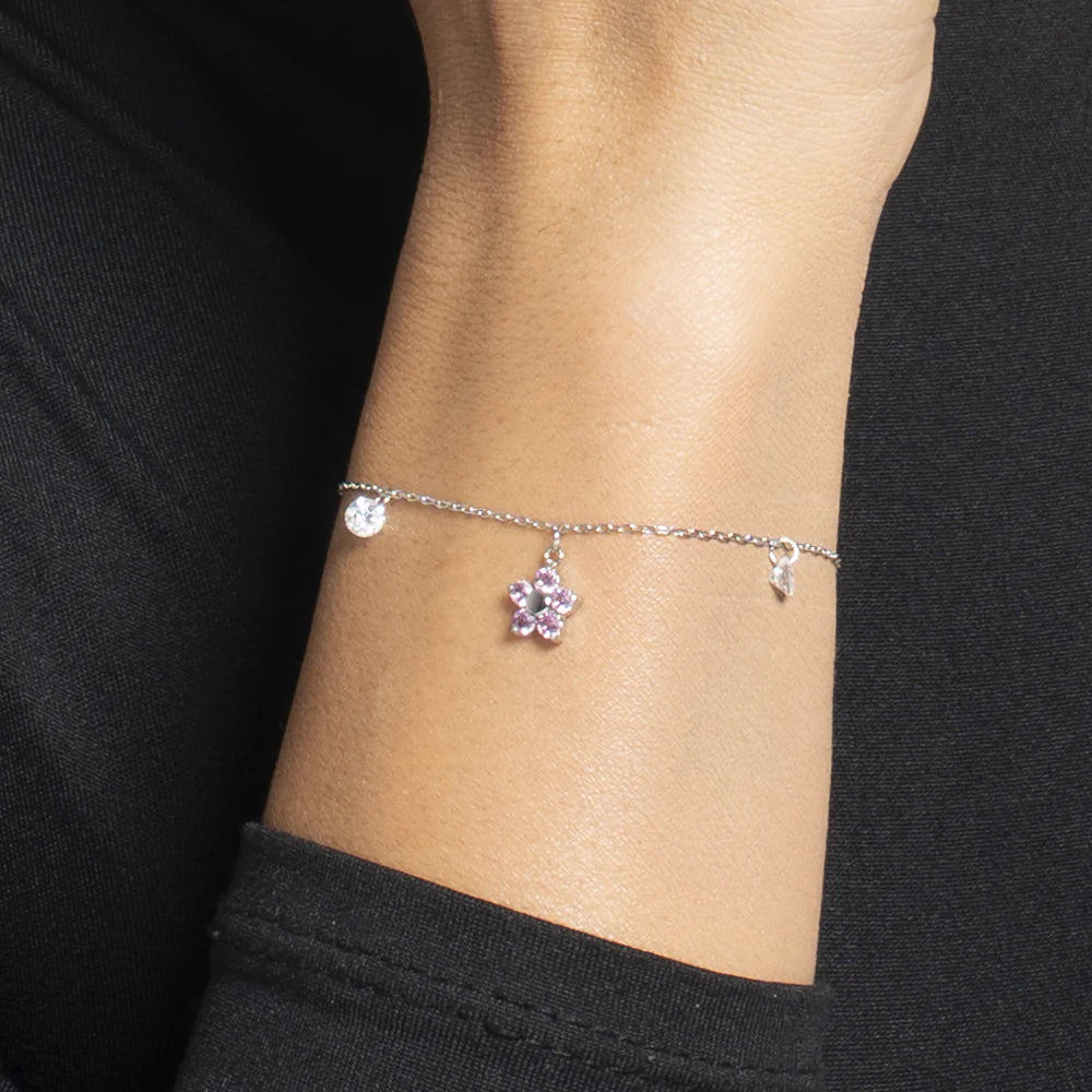 Bracciale Luca Barra Acciaio Charm Fiore Rosa Cristalli