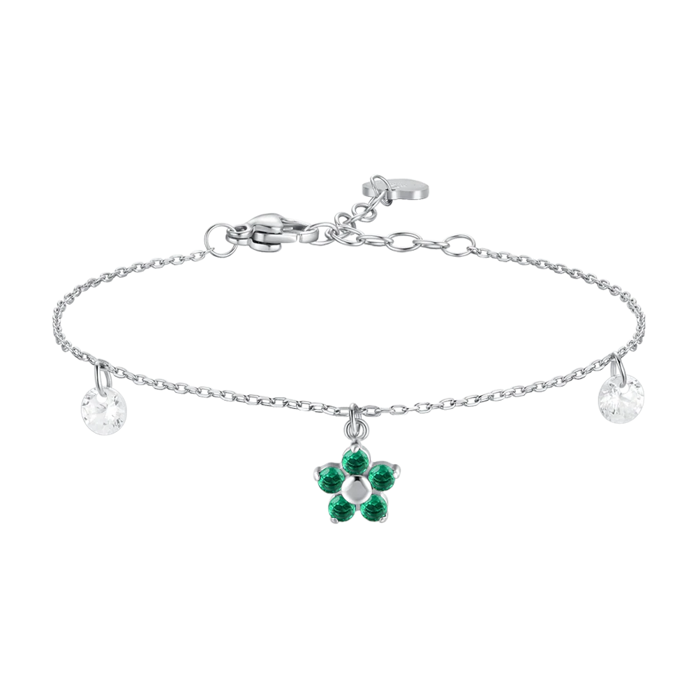 Bracciale Luca Barra Acciaio Charm Fiore Verde Cristalli