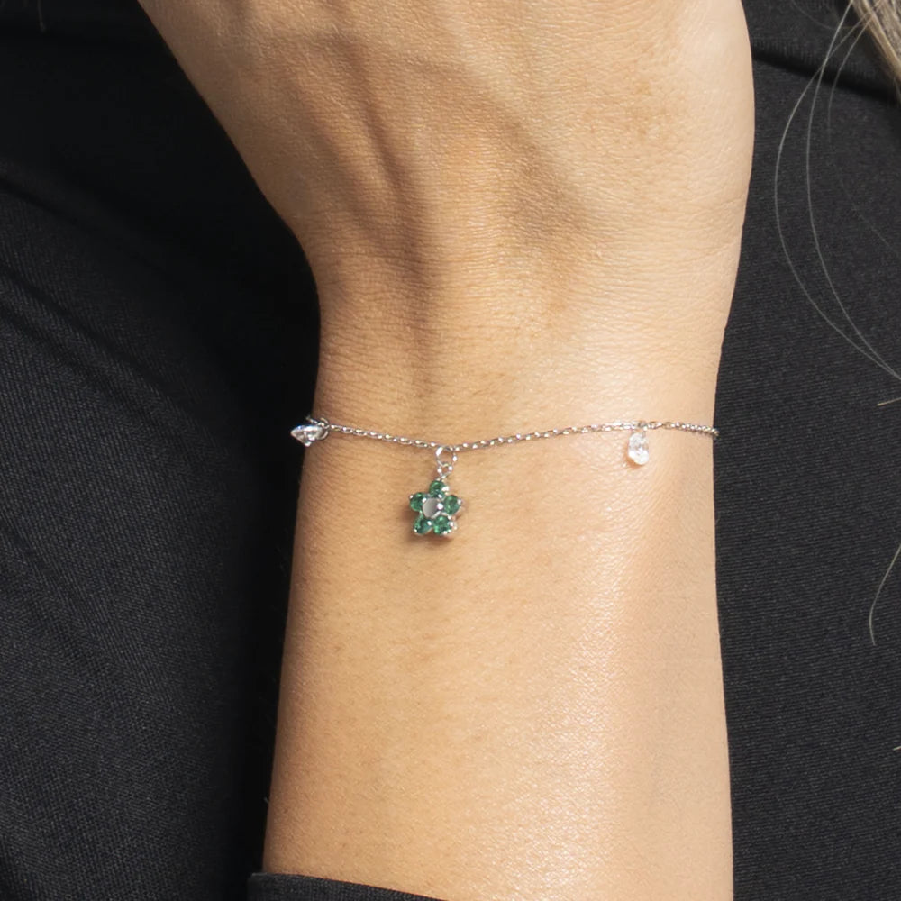 Bracciale Luca Barra Acciaio Charm Fiore Verde Cristalli