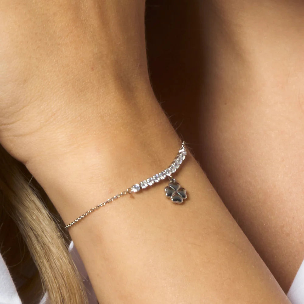 Bracciale Luca Barra Acciaio Centrale Cristalli e Charm Quadrifoglio