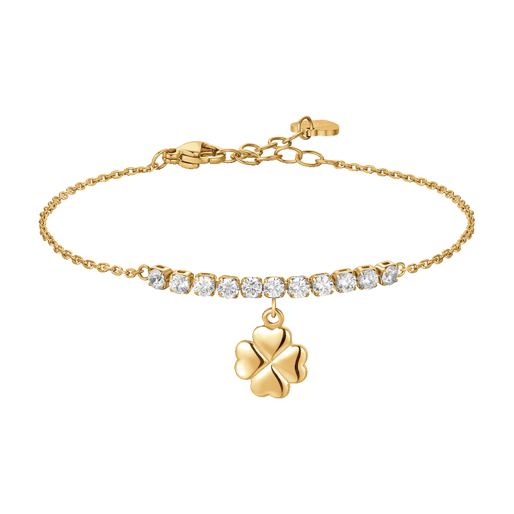 Bracciale Luca Barra Pvd Oro Centrale Cristalli Charm Quadrifoglio