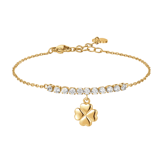 Bracciale Luca Barra Pvd Oro Centrale Cristalli Charm Quadrifoglio