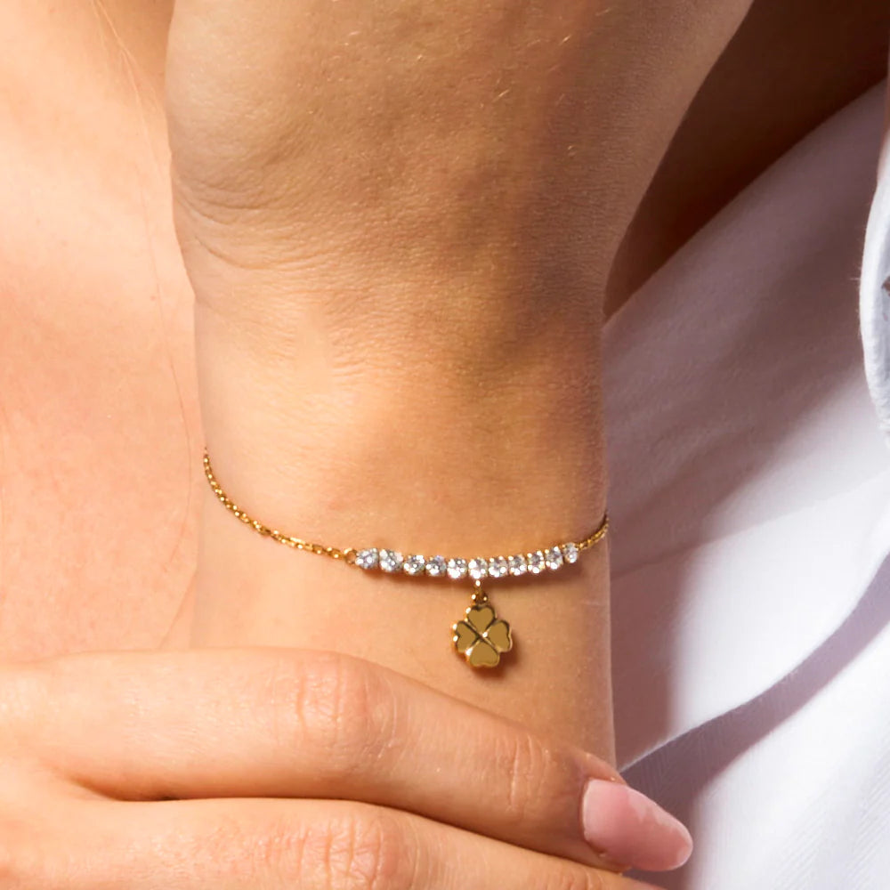 Bracciale Luca Barra Pvd Oro Centrale Cristalli Charm Quadrifoglio