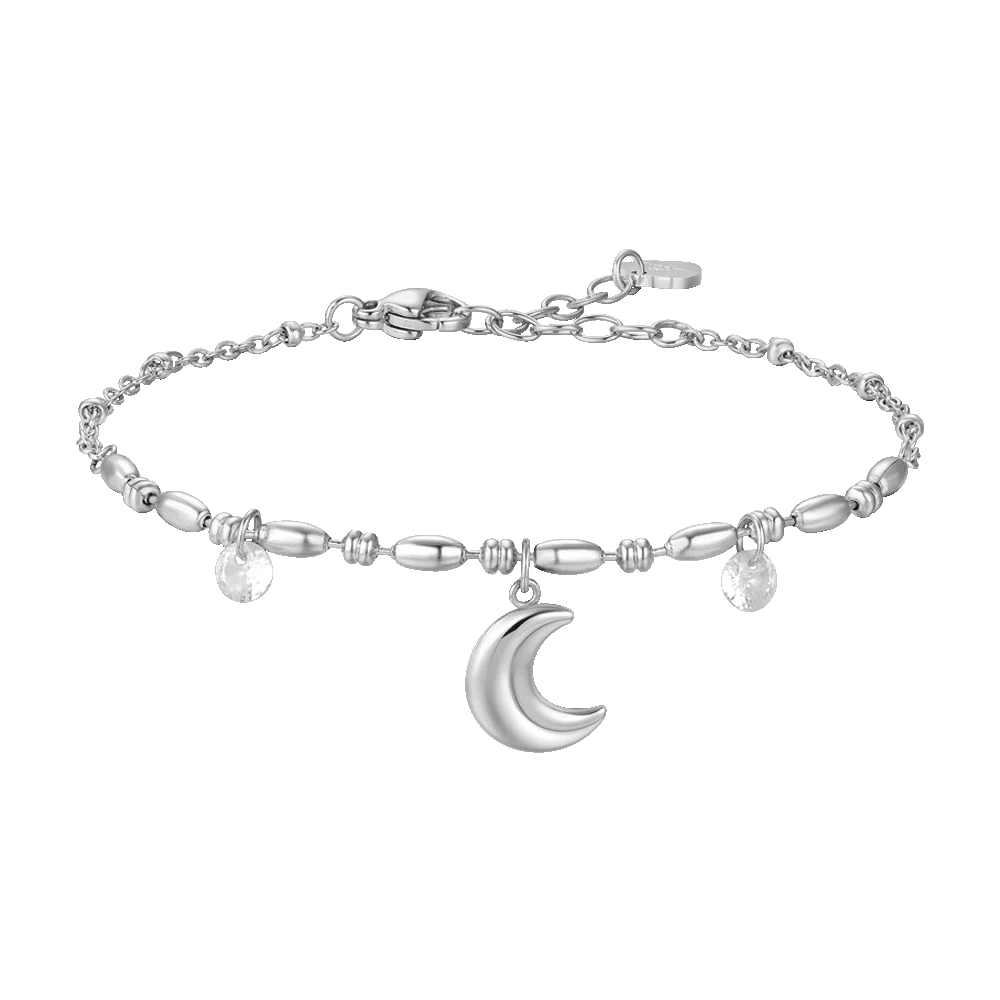 Bracciale Luca Barra Acciaio Centrale Maglia A Chicchi Di Riso Mezzaluna e Cristalli