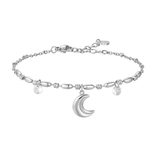 Bracciale Luca Barra Acciaio Centrale Maglia A Chicchi Di Riso Mezzaluna e Cristalli