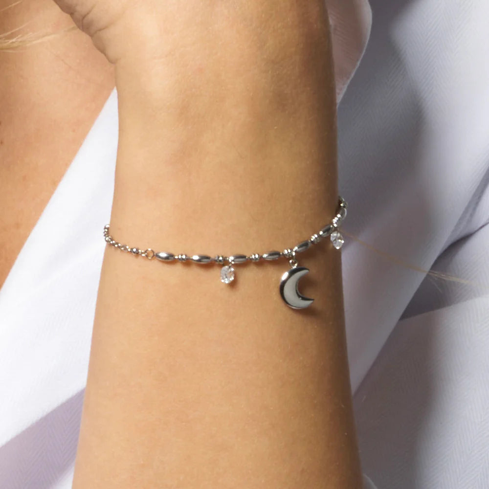 Bracciale Luca Barra Acciaio Centrale Maglia A Chicchi Di Riso Mezzaluna e Cristalli
