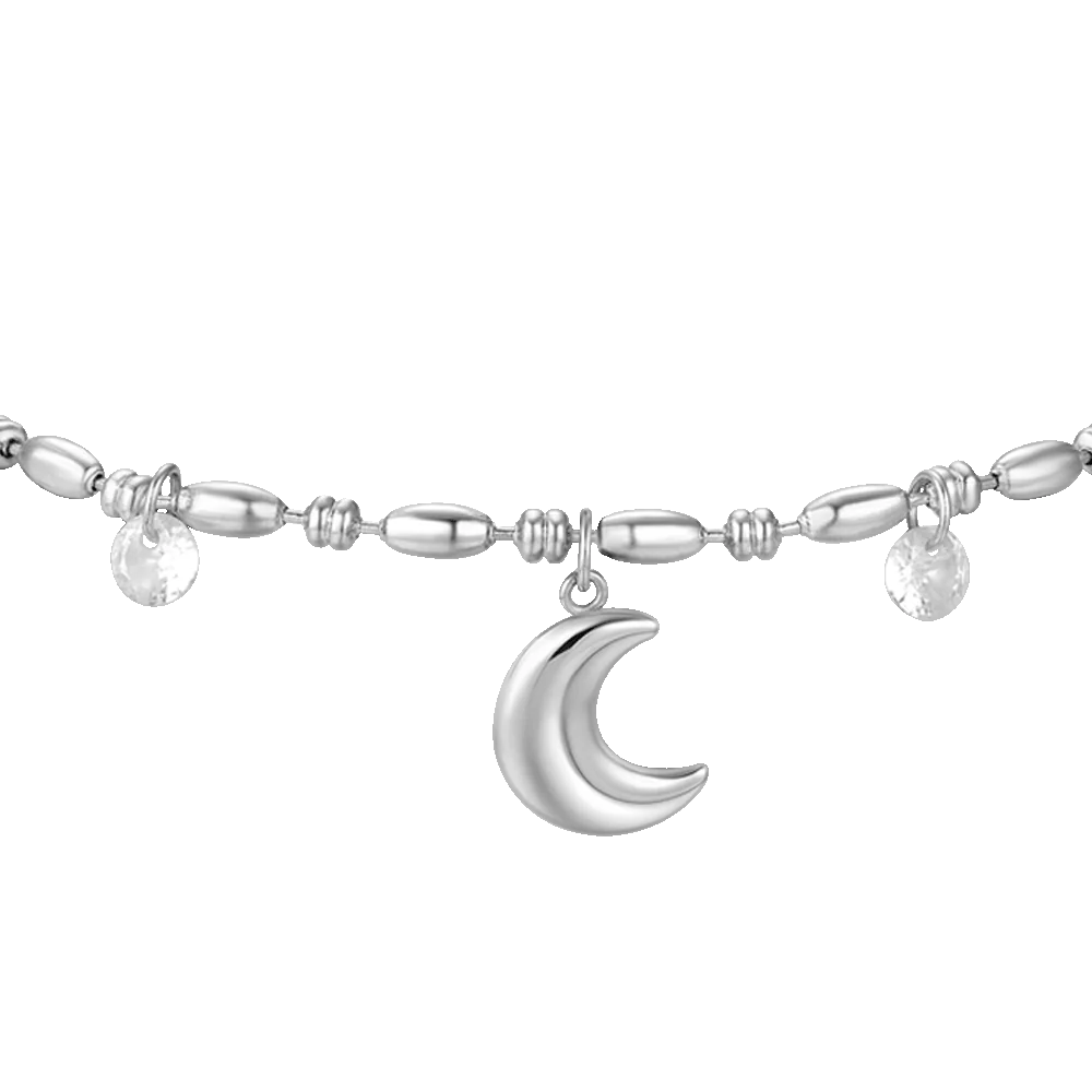 Bracciale Luca Barra Acciaio Centrale Maglia A Chicchi Di Riso Mezzaluna e Cristalli