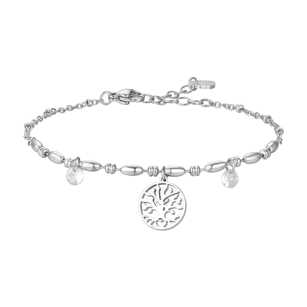 Bracciale Luca Barra Acciaio Maglia A Chicchi Di Riso Charms Albero Della Vita + Cristalli