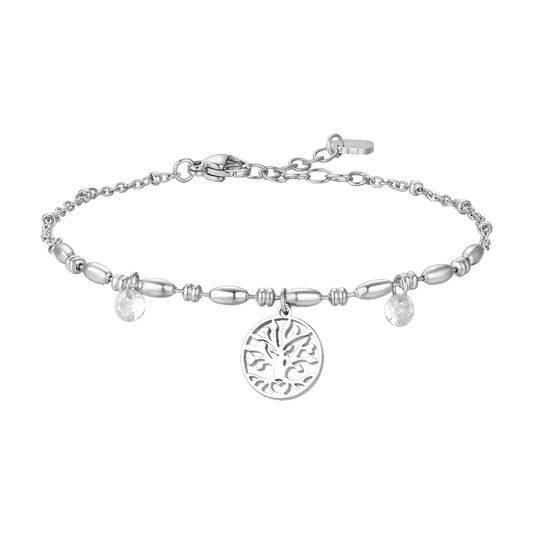 Bracciale Luca Barra Acciaio Maglia A Chicchi Di Riso Charms Albero Della Vita + Cristalli