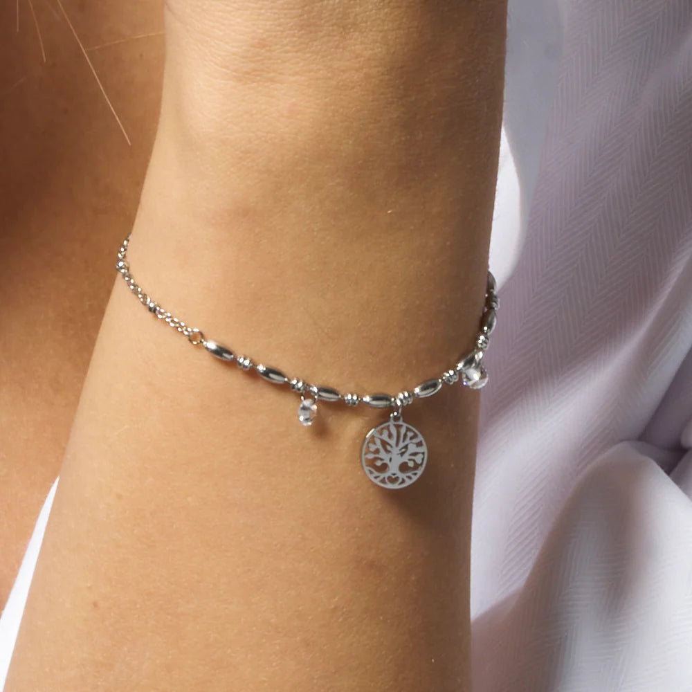 Bracciale Luca Barra Acciaio Maglia A Chicchi Di Riso Charms Albero Della Vita + Cristalli