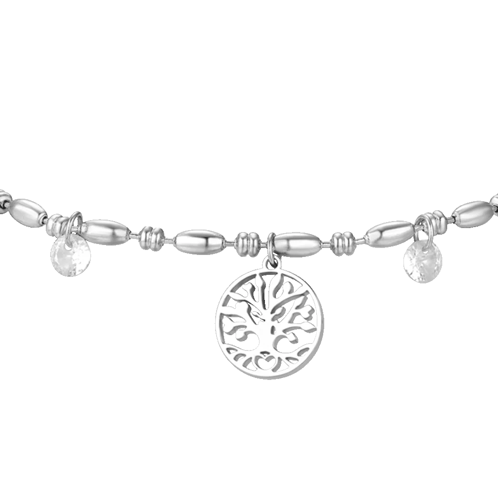 Bracciale Luca Barra Acciaio Maglia A Chicchi Di Riso Charms Albero Della Vita + Cristalli