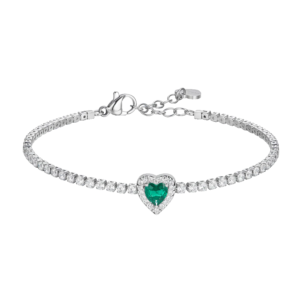 Bracciale Tennis Luca Barra Acciaio Centrale Cuore Cristallo Verde Contornato