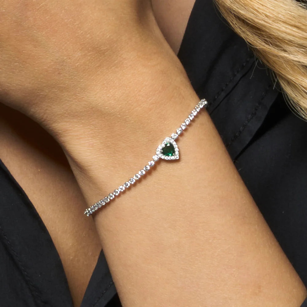 Bracciale Tennis Luca Barra Acciaio Centrale Cuore Cristallo Verde Contornato