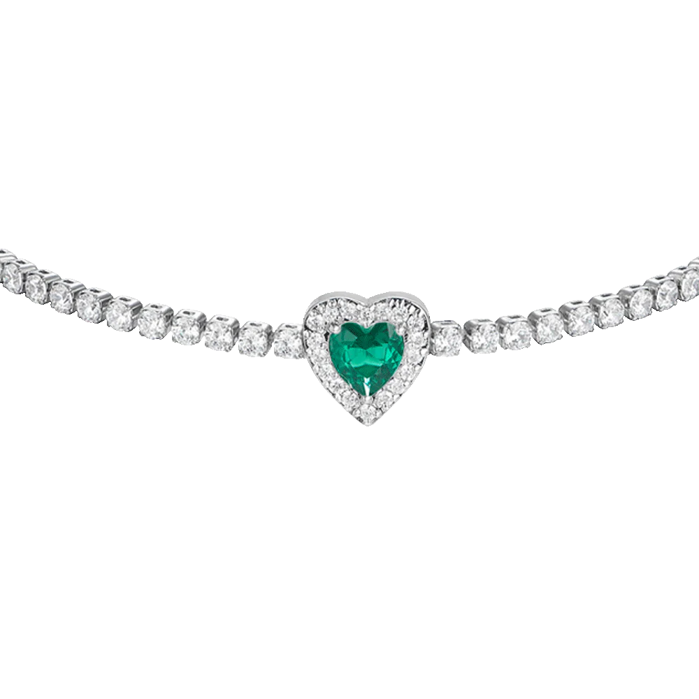 Bracciale Tennis Luca Barra Acciaio Centrale Cuore Cristallo Verde Contornato