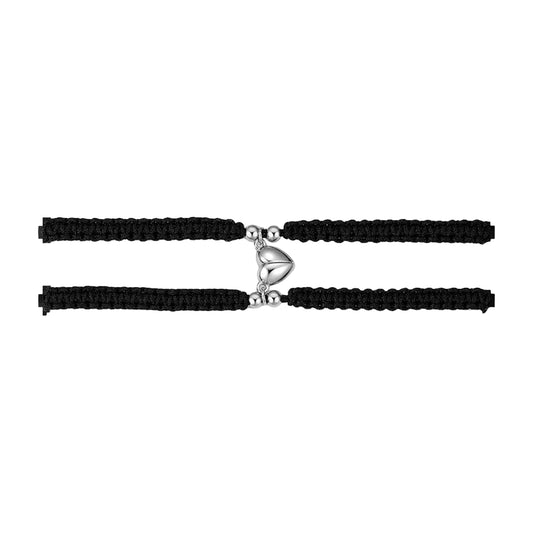 Coppia Di Bracciali Luca Barra Legami Cordino Intrecciato Nero Charm Cuore Calamitato