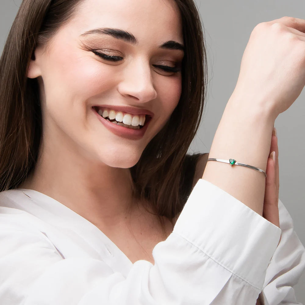 Bracciale Luca Barra Acciaio Maglia Snake Cuore Verde Centrale