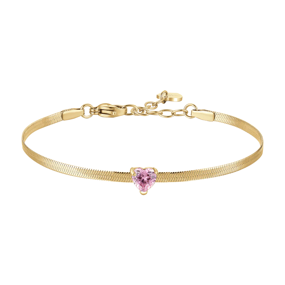 Bracciale Luca Barra Pvd Oro Maglia Snake Cristallo Rosa Cuore Centrale