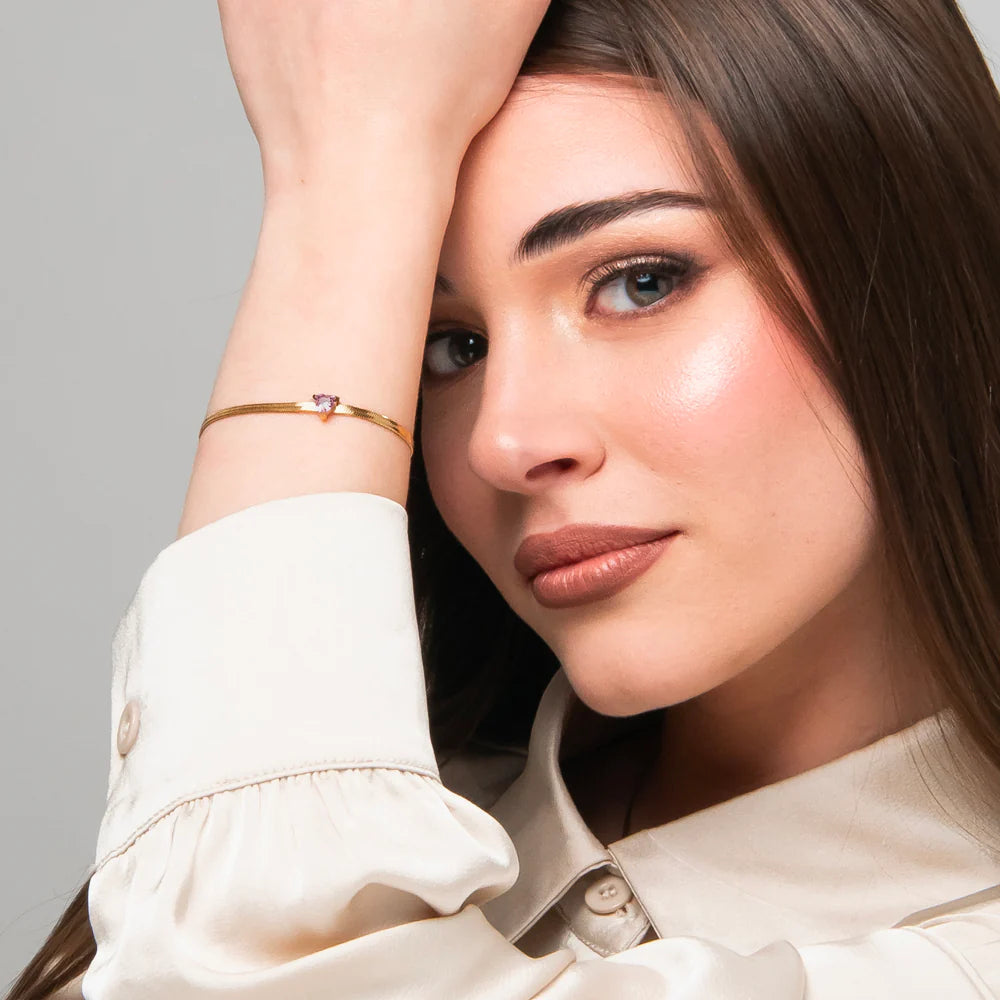 Bracciale Luca Barra Pvd Oro Maglia Snake Cristallo Rosa Cuore Centrale