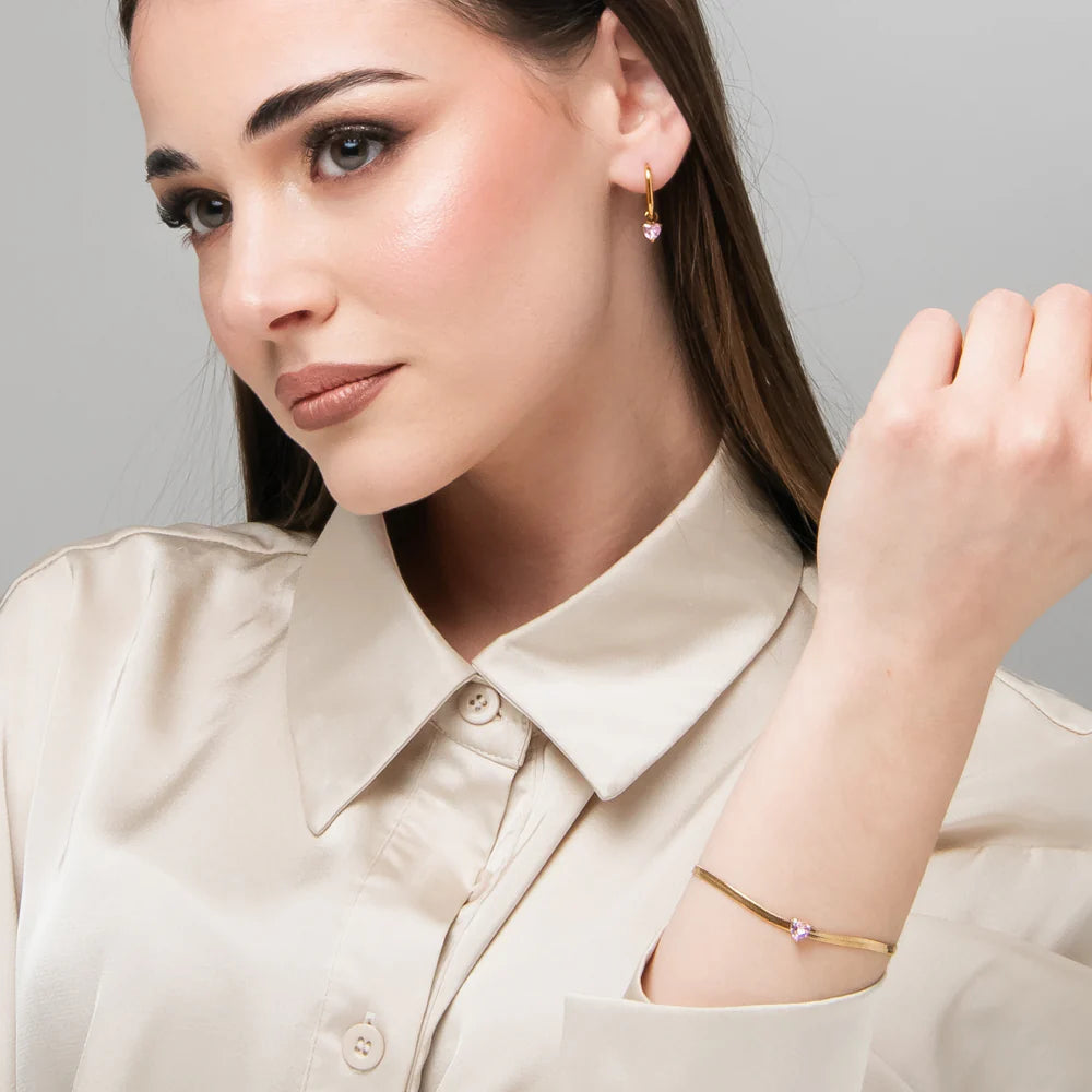 Bracciale Luca Barra Pvd Oro Maglia Snake Cristallo Rosa Cuore Centrale