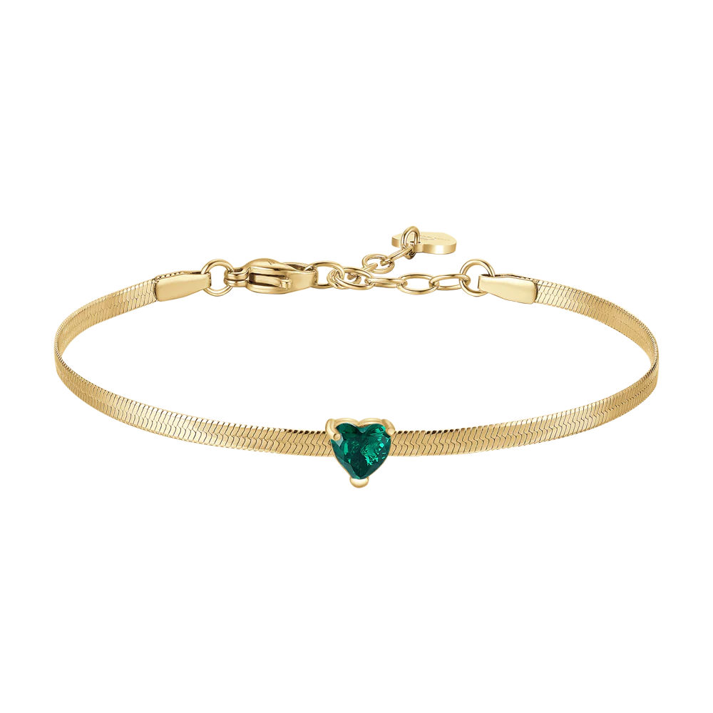 Bracciale Luca Barra Pvd Oro Maglia Snake Cristallo Verde Cuore Centrale