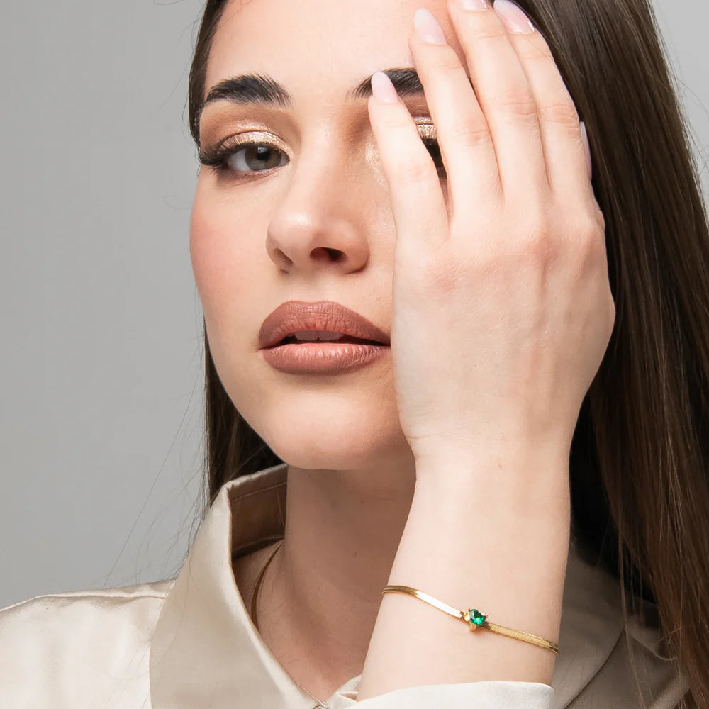 Bracciale Luca Barra Pvd Oro Maglia Snake Cristallo Verde Cuore Centrale