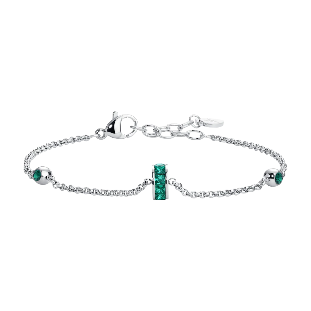 Bracciale Luca Barra Acciaio Punti Luce Cristalli Verdi con Rondella Centrale