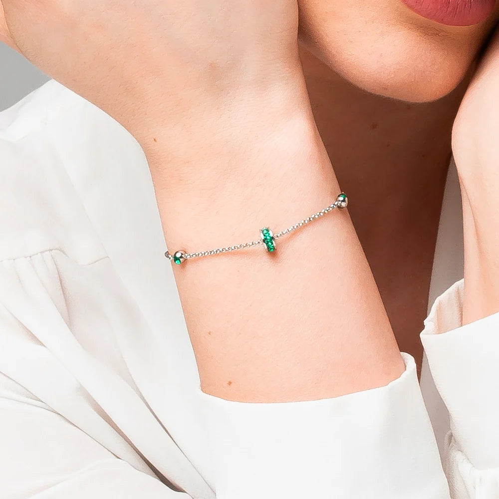 Bracciale Luca Barra Acciaio Punti Luce Cristalli Verdi con Rondella Centrale