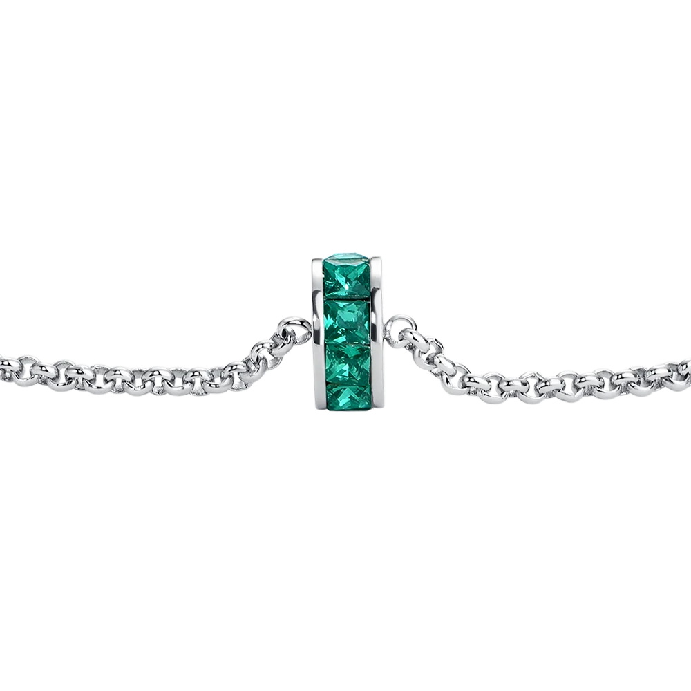 Bracciale Luca Barra Acciaio Punti Luce Cristalli Verdi con Rondella Centrale